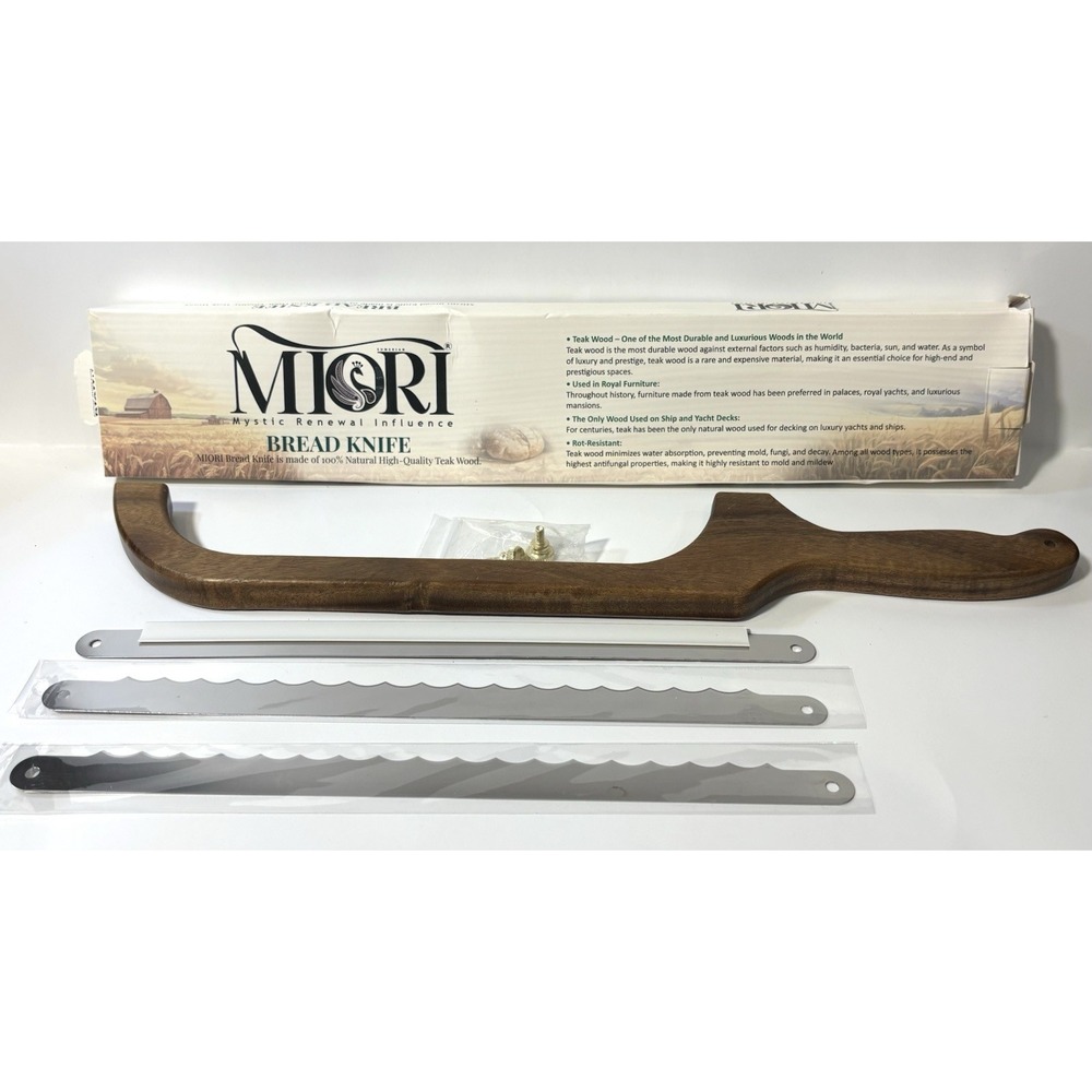 MIORI Bread Knife Teak Wood Handle Serrated Cutter w/ 2 Extra Blades 16" New - Picture 5 of 6